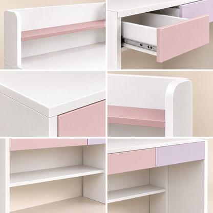 Close-up details of pink and lavender kids study table drawers, shelf and finish