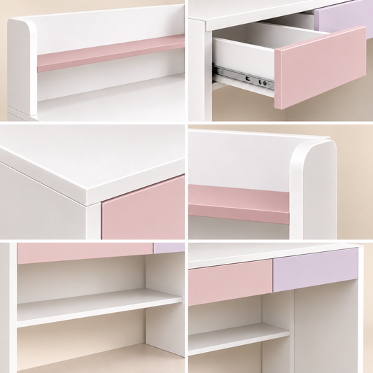 Close-up details of pink and lavender kids study table drawers, shelf and finish
