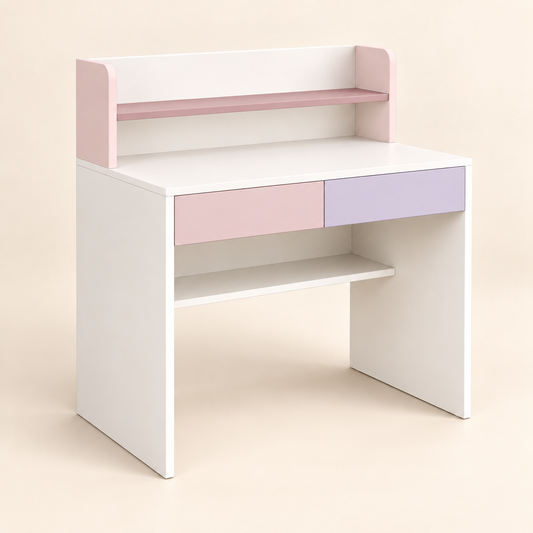 Compact kids study table in blush pink, muted lavender and warm white