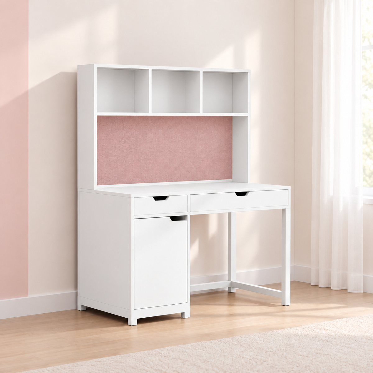 Kids study table with pink pinboard, bookshelf and white finish