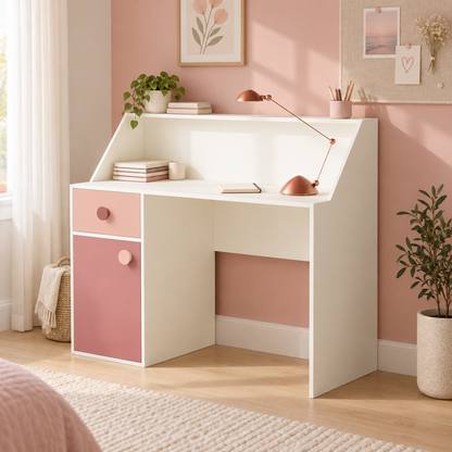 Pink and white kids study table with drawer and storage cabinet
