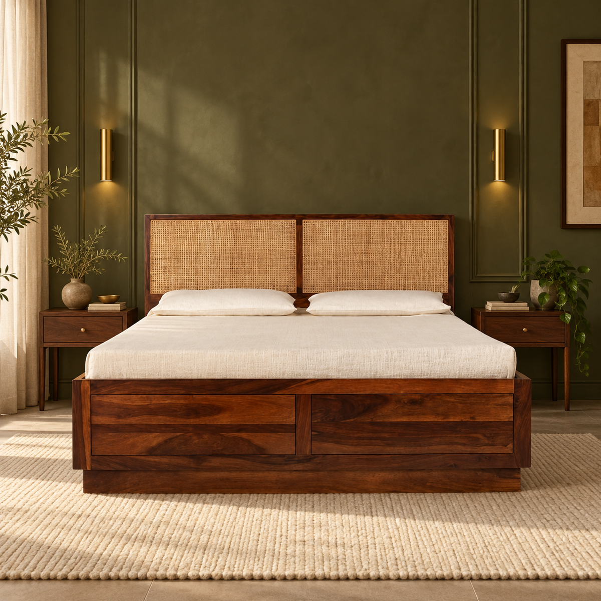 Rectangular Cane Panel Storage Bed in a bedroom, front view
