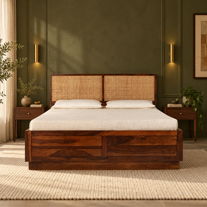 Rectangular Cane Panel Storage Bed in a bedroom, front view