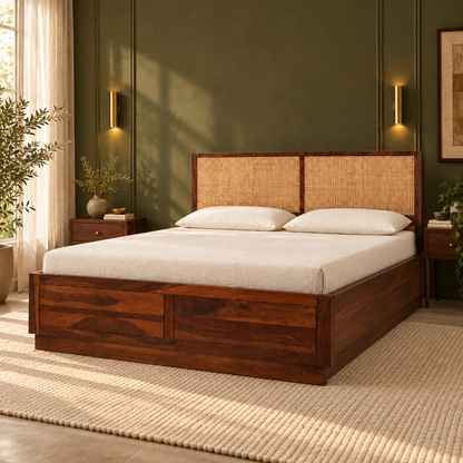 Rectangular Cane Panel Storage Bed in a bedroom, side view