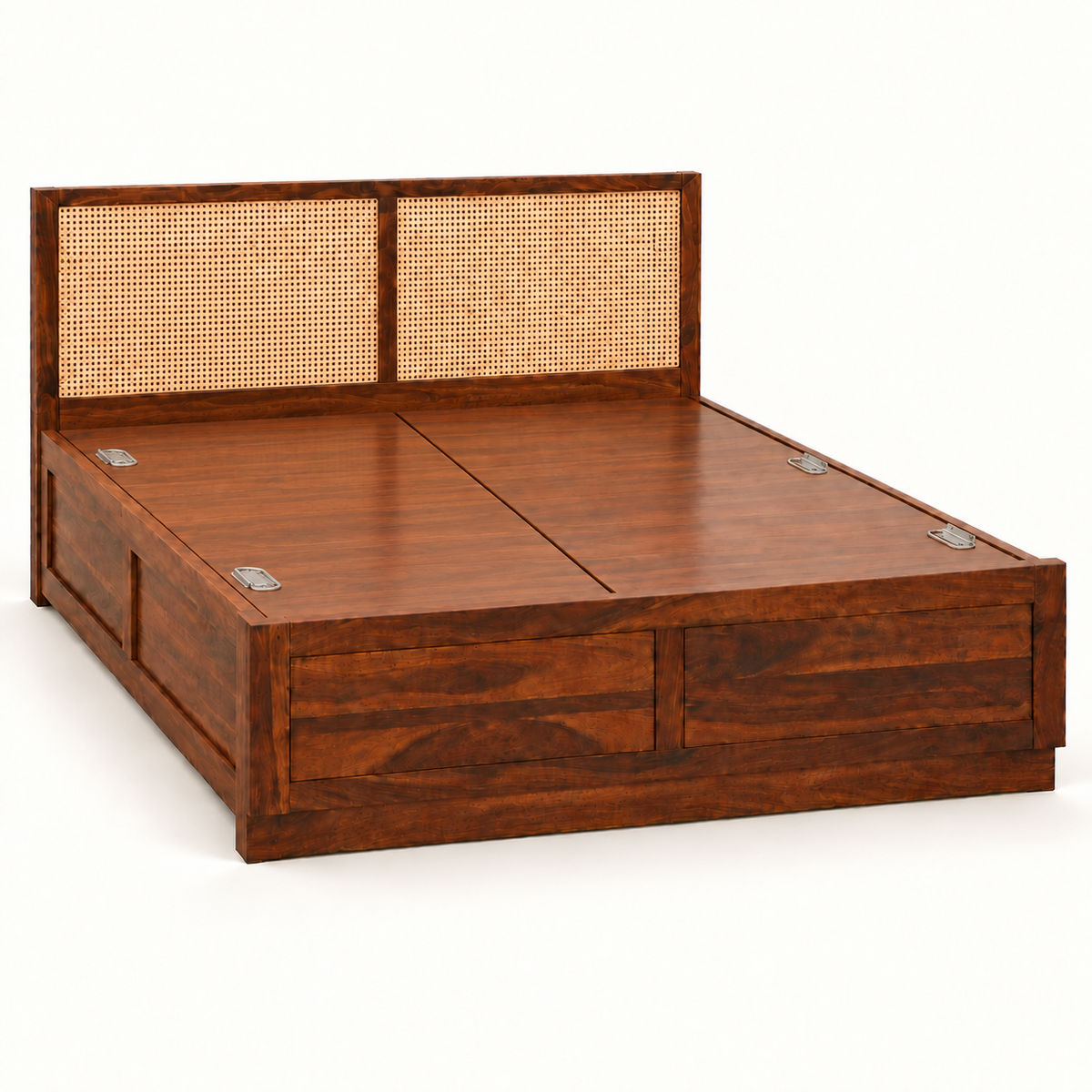 A mid-century modern platform bed frame made of warm brown wood with woven cane panels on the headboard, shown on a clean white background.