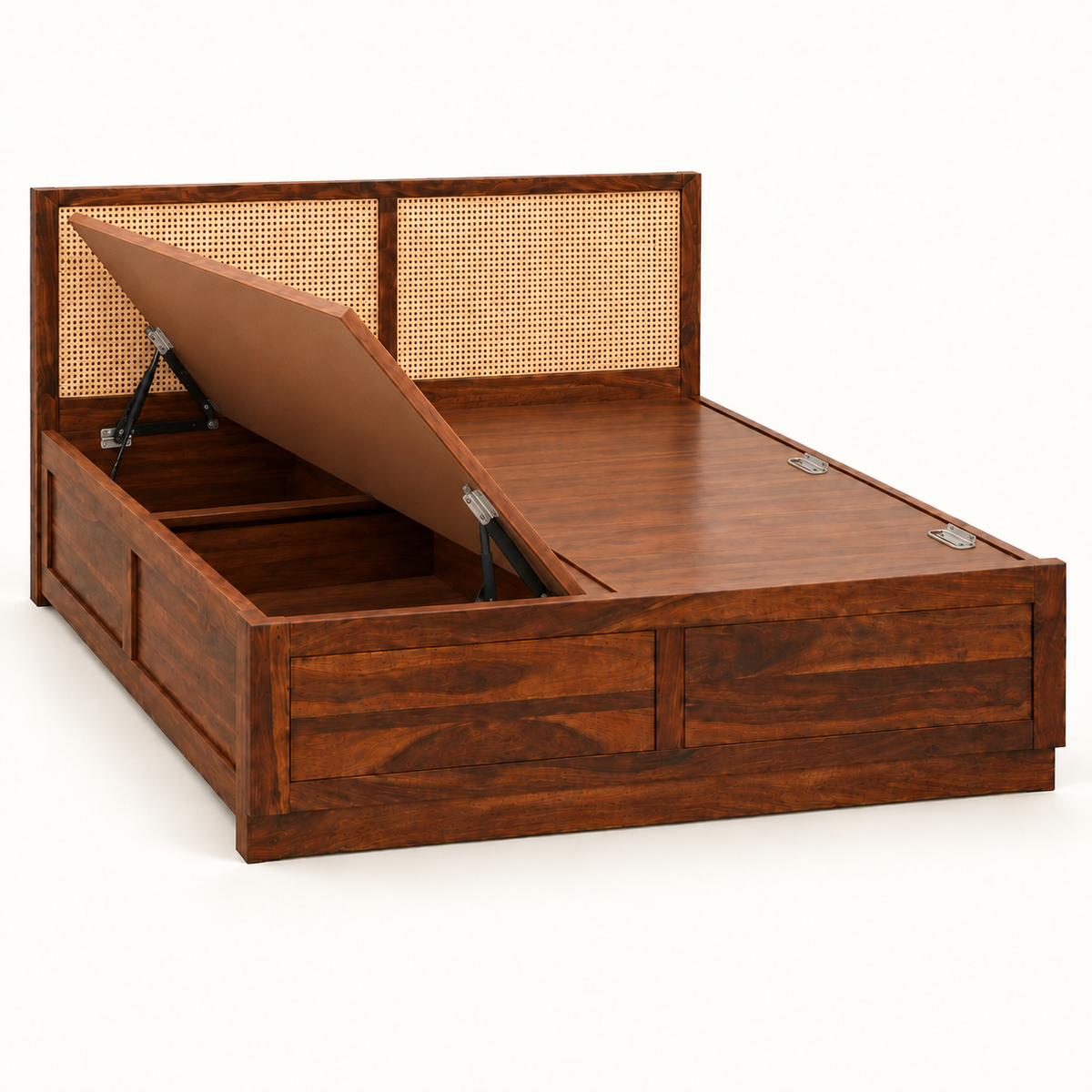 A brown wooden storage bed with a lift-up headboard and open storage compartment, featuring woven cane panels on the backrest, shown on a white background.