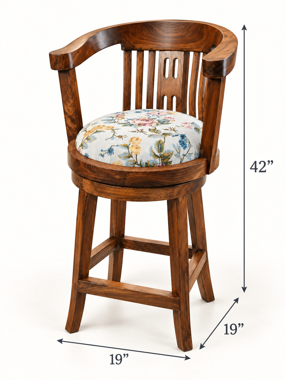 Revolving Teak Wood Bar Stool — dimension diagram; 19 in L × 19 in W × 42 in H