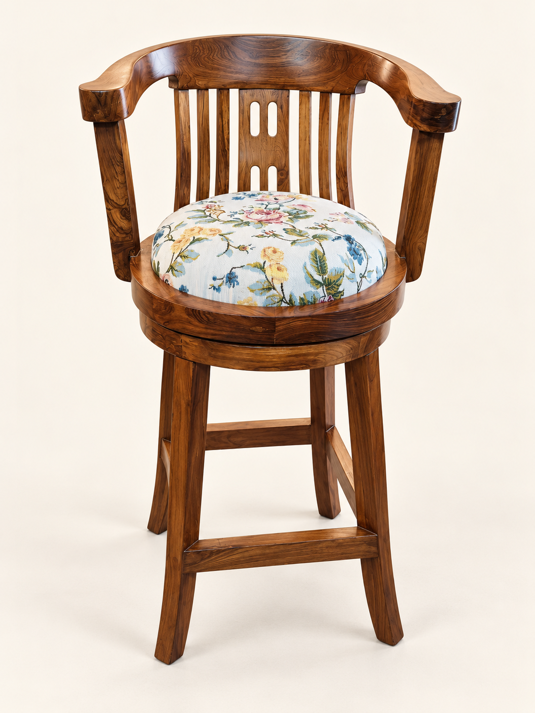 Revolving Teak Wood Bar Stool — front studio view