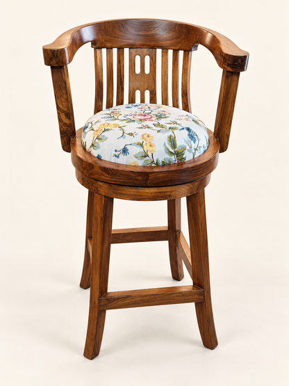 Revolving Teak Wood Bar Stool — front studio view