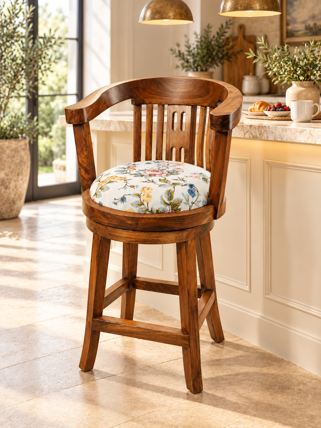 Revolving Teak Wood Bar Stool — styled room