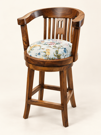 Revolving Teak Wood Bar Stool — side studio view