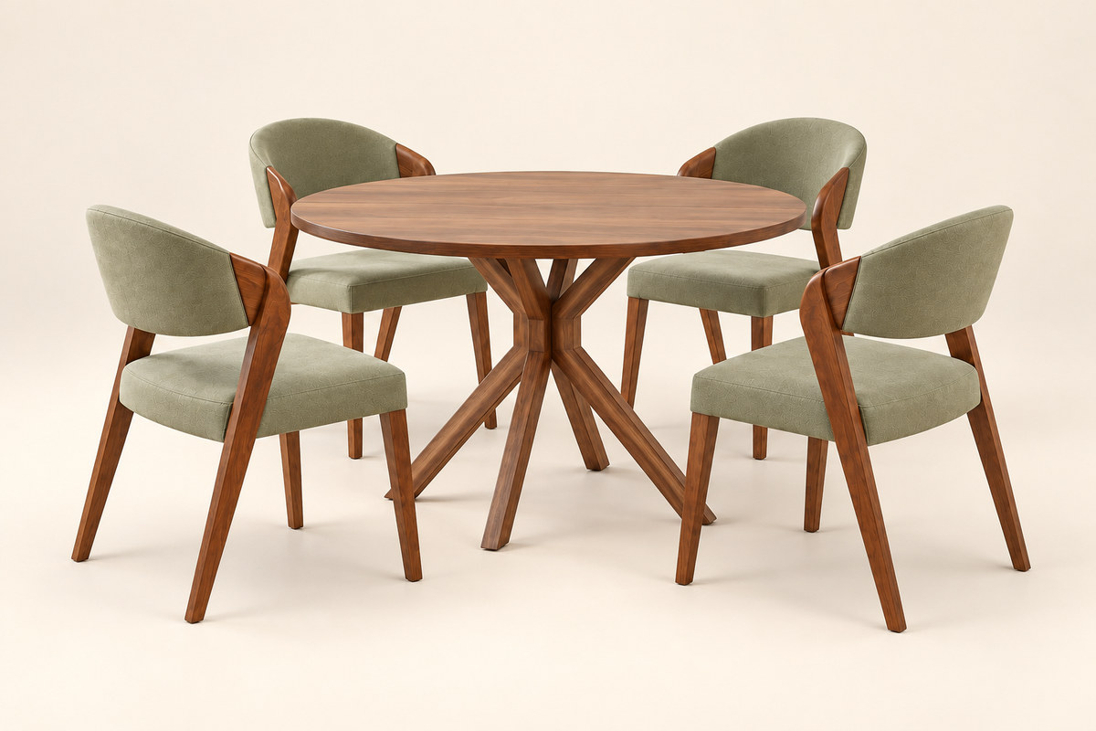 Round walnut dining table with four upholstered chairs