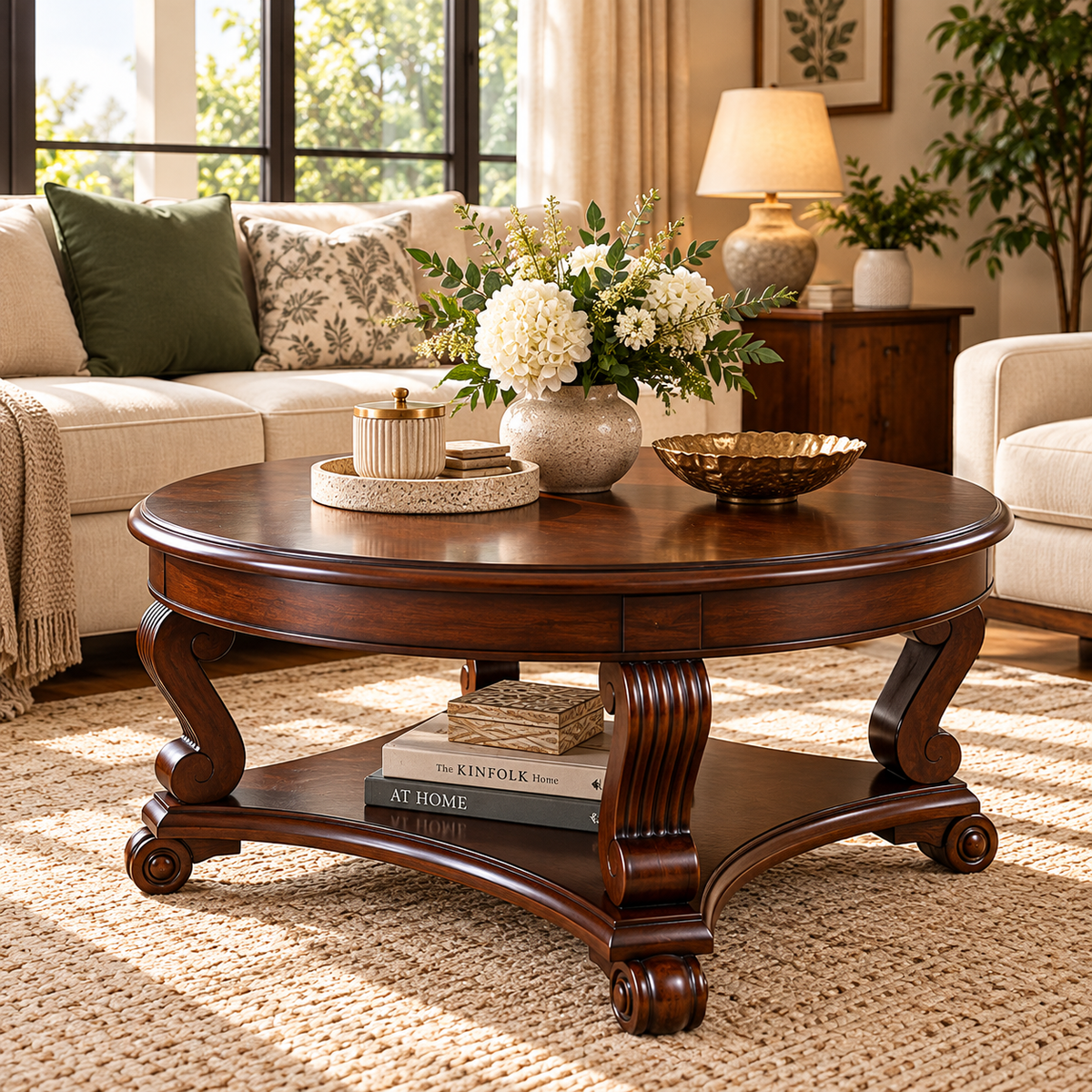 Round carved teak wood coffee table styled with decor in a living room