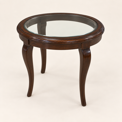 Round Glass-Top Teak Wood Side Table front studio view