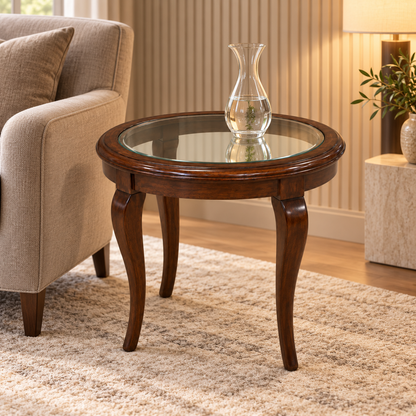 Round Glass-Top Teak Wood Side Table styled in a home interior