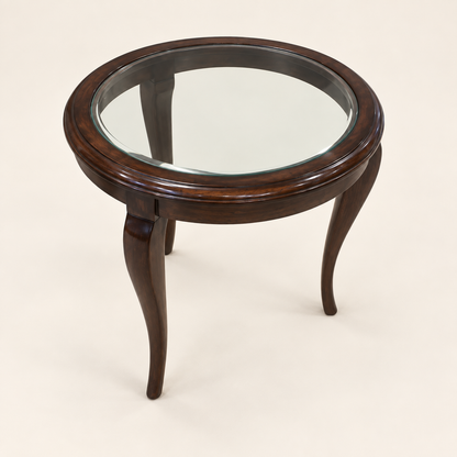 Round Glass-Top Teak Wood Side Table side studio view