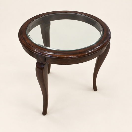 Round Glass-Top Teak Wood Side Table side studio view