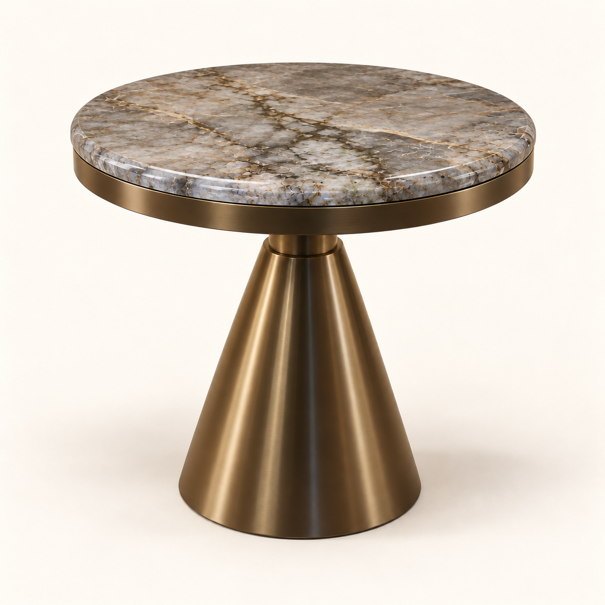 Round Marble Bronze Pedestal Side Table - angled studio view