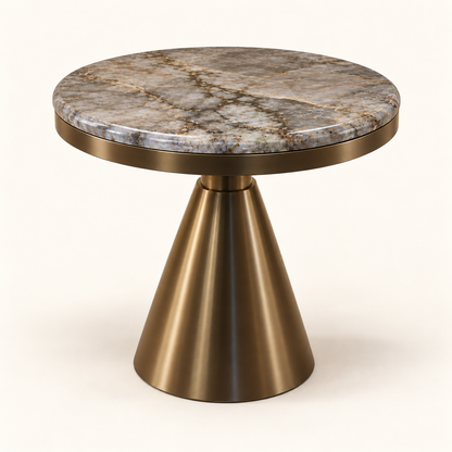 Round Marble Bronze Pedestal Side Table - angled studio view
