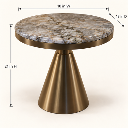 Round Marble Bronze Pedestal Side Table - dimensions 18 W × 18 D × 21 H inches