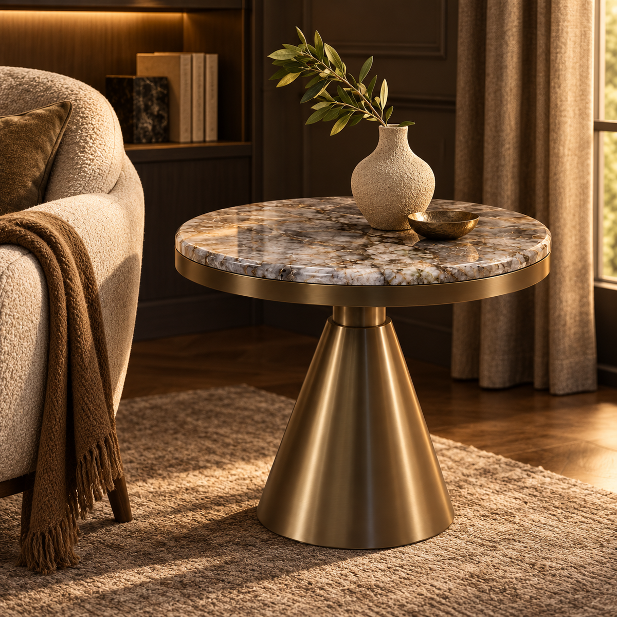 Round Marble Bronze Pedestal Side Table - living room lifestyle view