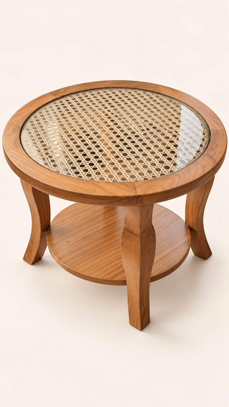 Round Teak and Cane Coffee Table — front studio view