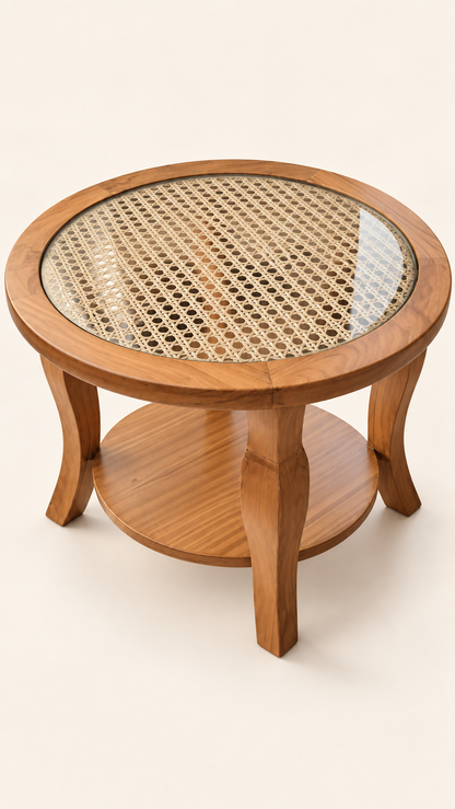 Round Teak and Cane Coffee Table — front studio view