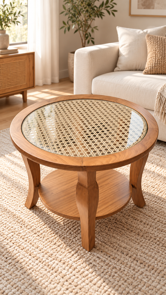 Round Teak and Cane Coffee Table — styled room