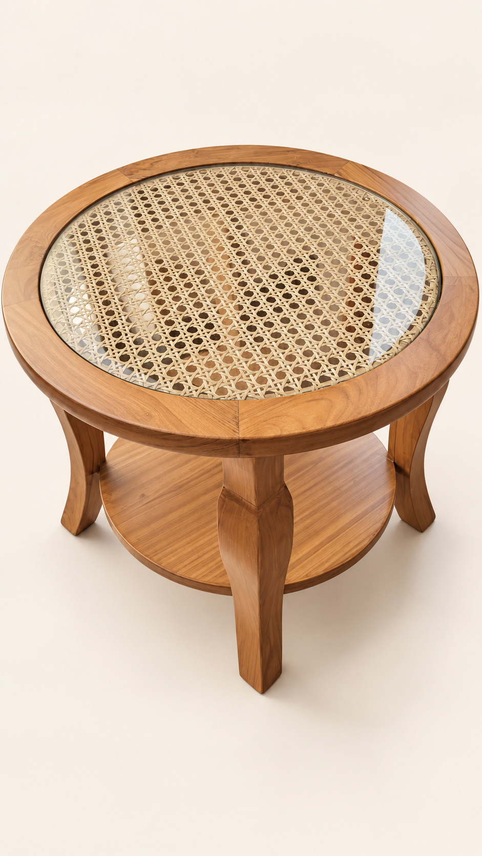 Round Teak and Cane Coffee Table — side studio view