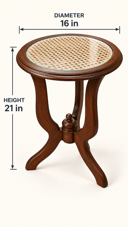 Round Teak and Cane Side Table — dimension diagram; 16 in diameter × 21 in H
