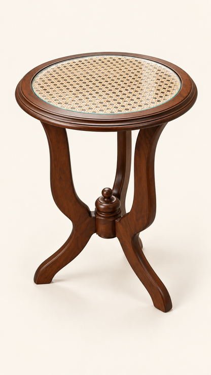 Round Teak and Cane Side Table — front studio view