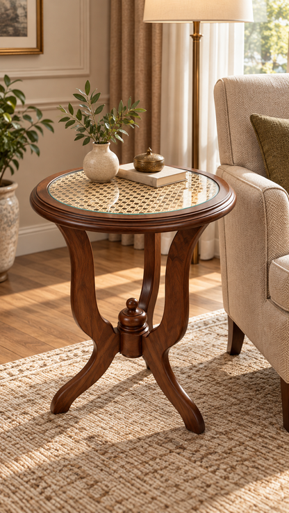 Round Teak and Cane Side Table — styled room