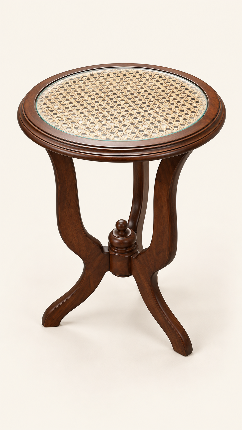 Round Teak and Cane Side Table — side studio view