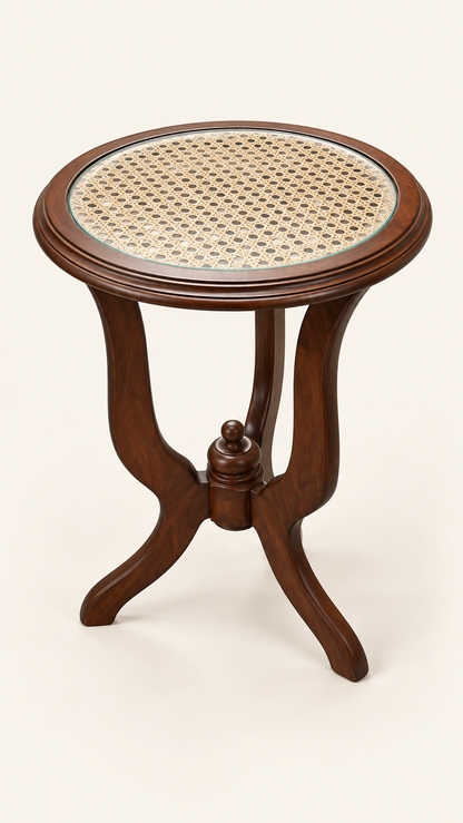 Round Teak and Cane Side Table — side studio view