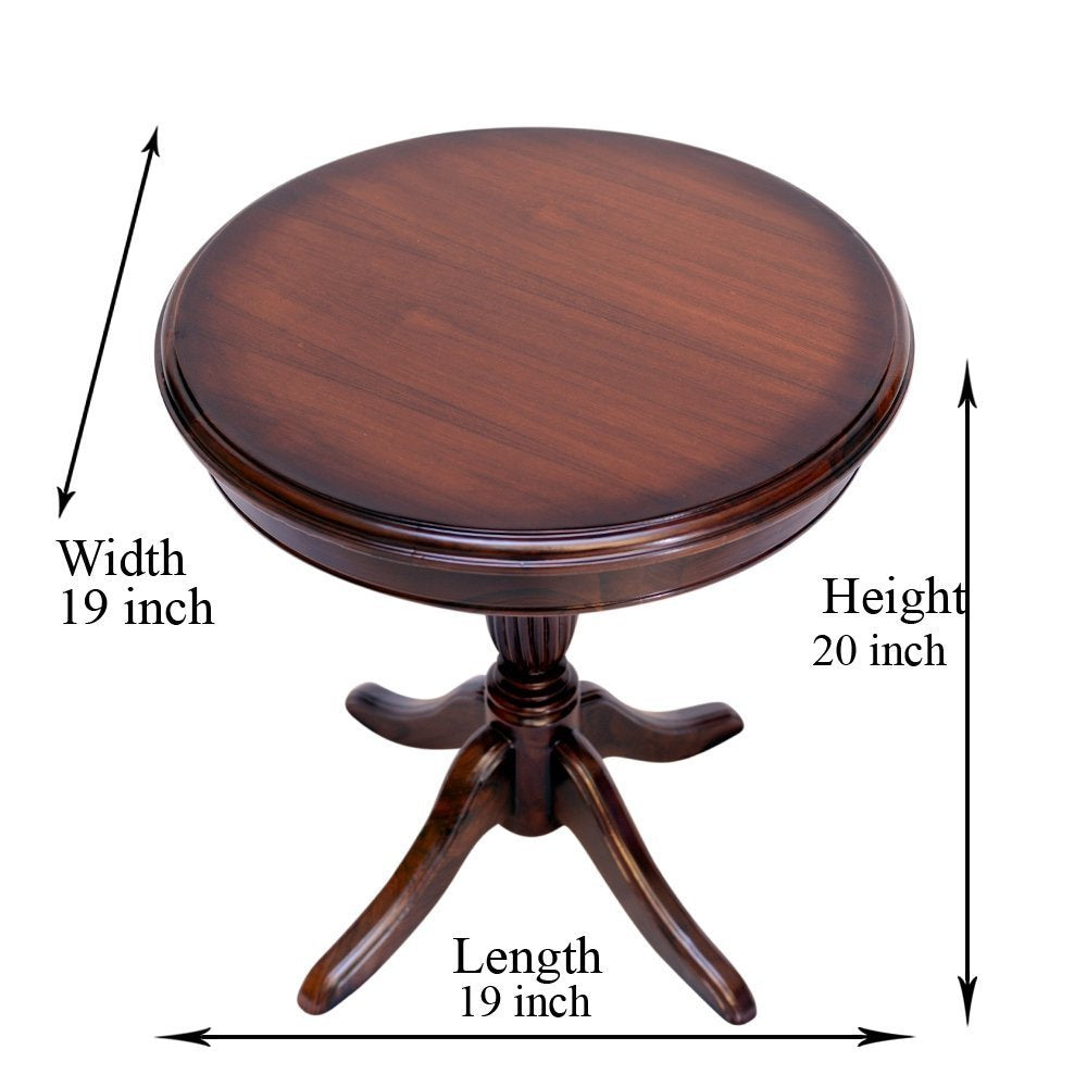 Round Wooden Pedestal Side Table dimension image showing 19″ diameter × 20″ H.