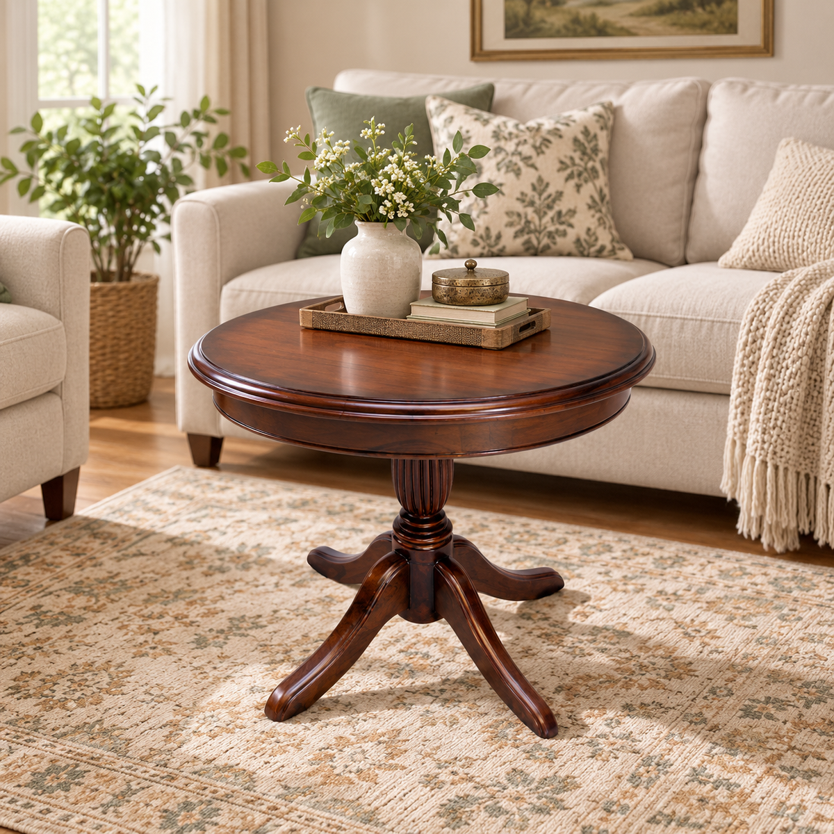 Round Wooden Pedestal Side Table in teak wood, shown in a furnished room.