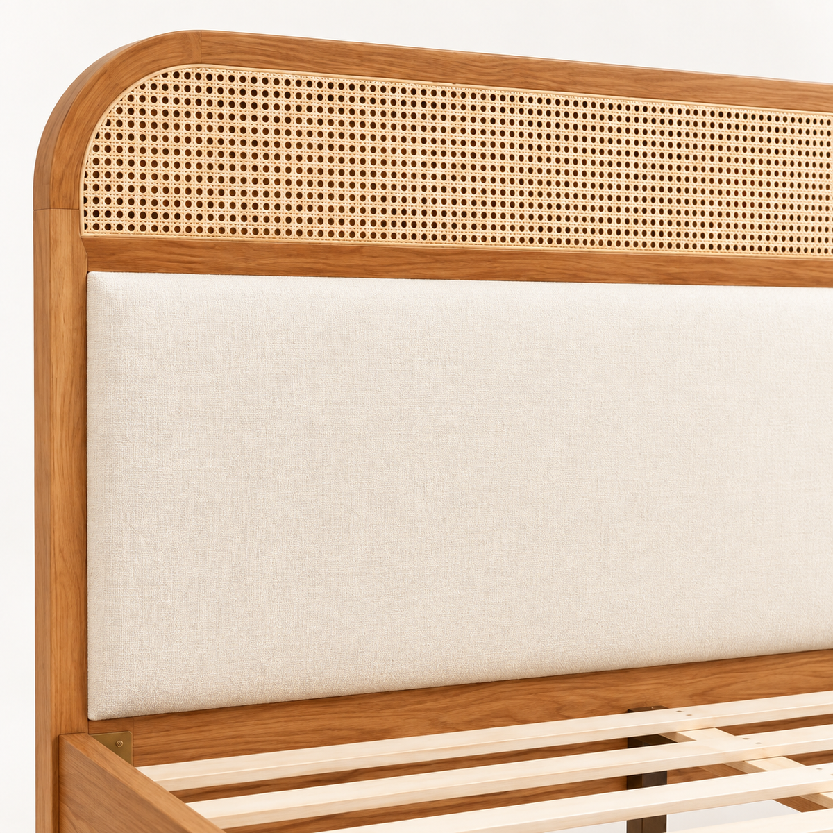 Rounded Cane and Leatherette Bed in teak wood — close-up of headboard