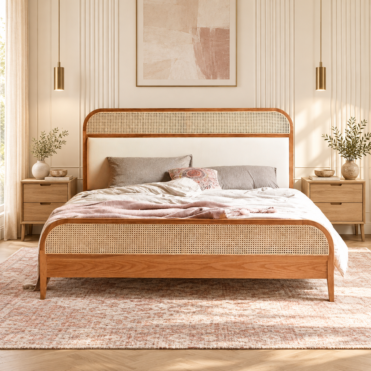 Rounded Cane and Leatherette Bed in teak wood — front view styled in bedroom