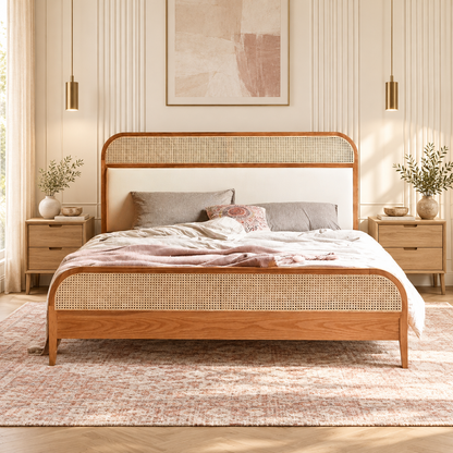 Rounded Cane and Leatherette Bed in teak wood — front view styled in bedroom