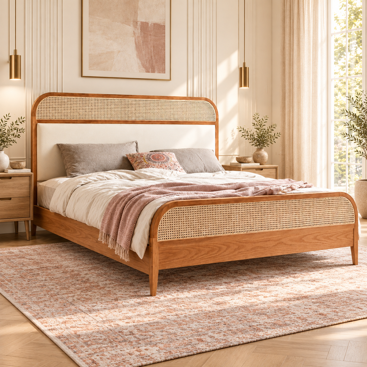 Rounded Cane and Leatherette Bed in teak wood — side view styled in bedroom