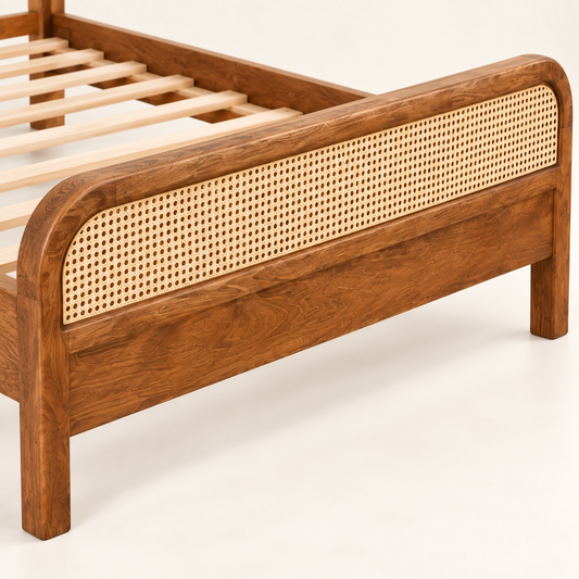Rounded Cane Wooden Bed in teak wood — close-up of footboard