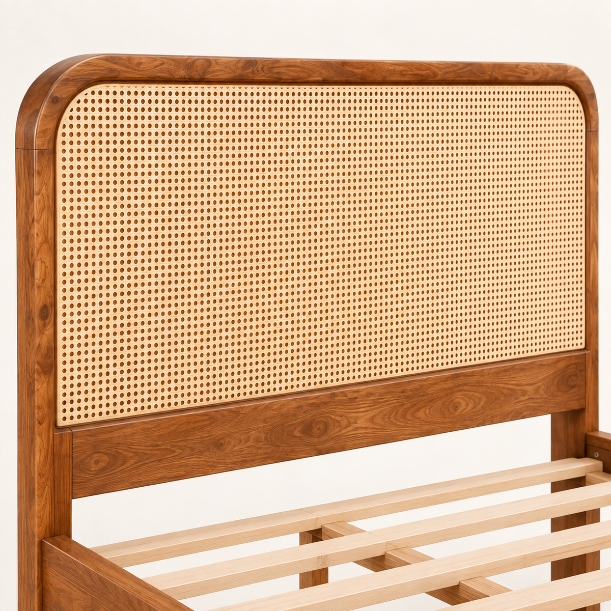 Rounded Cane Wooden Bed in teak wood — close-up of headboard