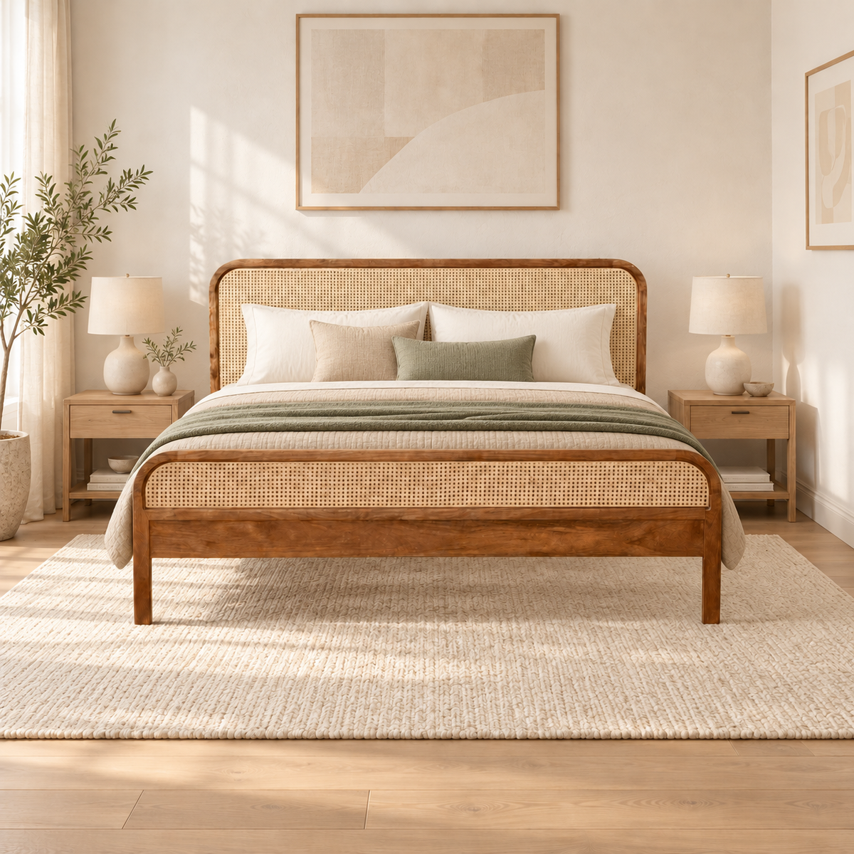 Rounded Cane Wooden Bed in teak wood — front view styled in bedroom
