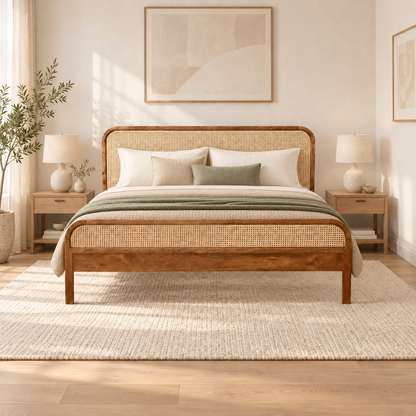 Rounded Cane Wooden Bed in teak wood — front view styled in bedroom