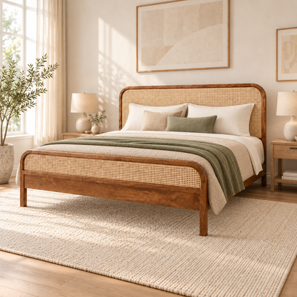 Rounded Cane Wooden Bed in teak wood — side view styled in bedroom