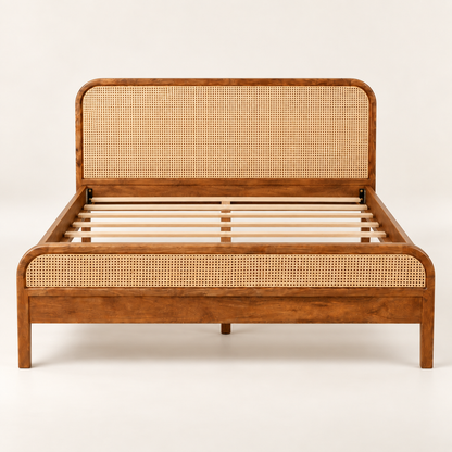 Rounded Cane Wooden Bed in teak wood — front studio view of bare frame