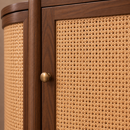 Rounded Cane Wooden Sideboard in walnut brown finish – material and detail close-up
