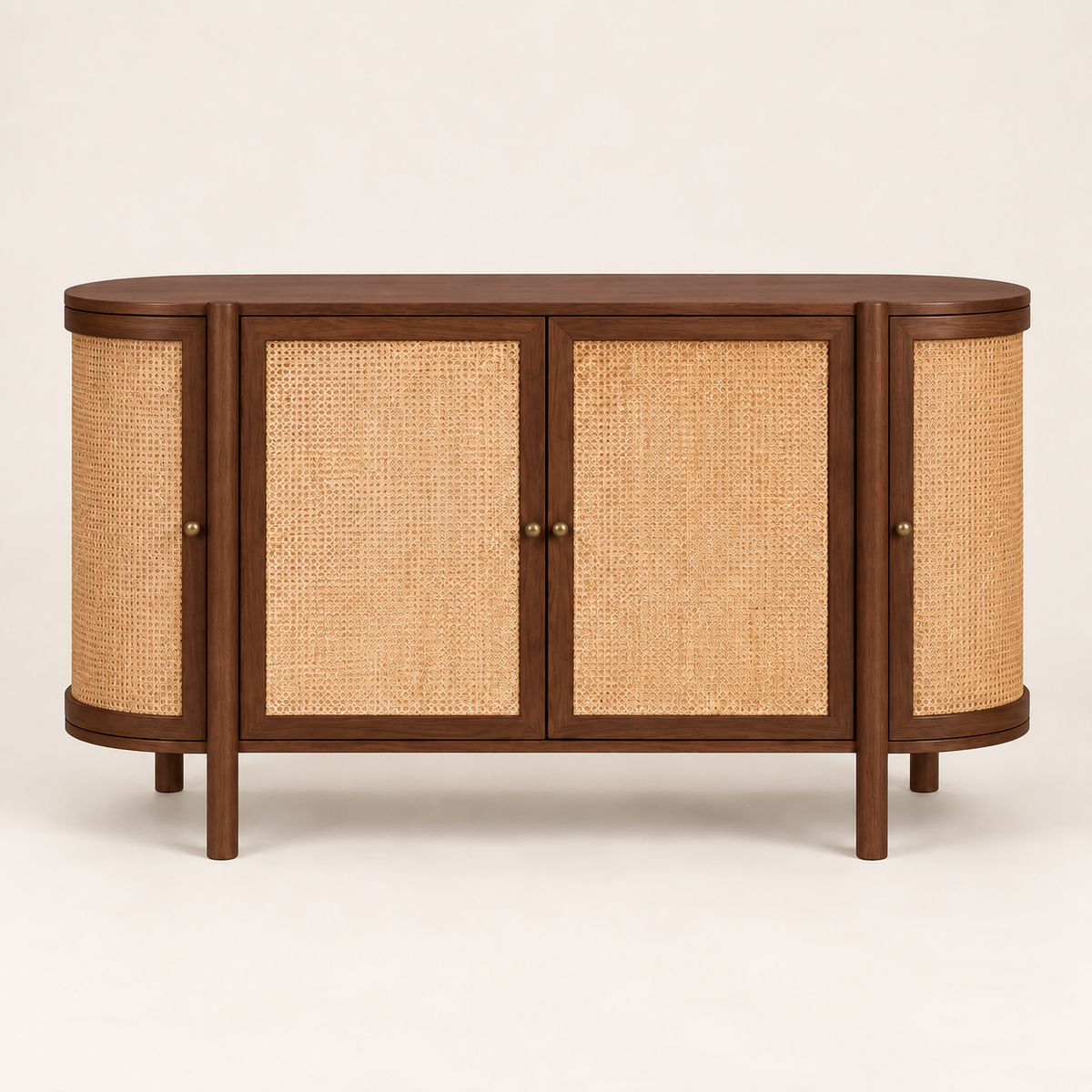 Rounded Cane Wooden Sideboard in walnut brown finish – front studio view