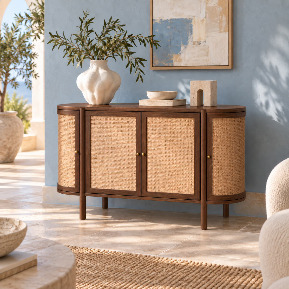 Rounded Cane Wooden Sideboard in walnut brown finish – lifestyle setting