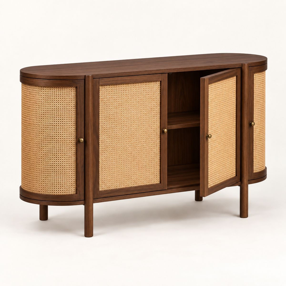 Rounded Cane Wooden Sideboard in walnut brown finish – angled side studio view